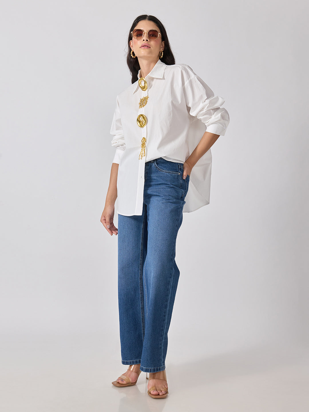 Women’s White Shirt with Gold Brooch Embellishments
