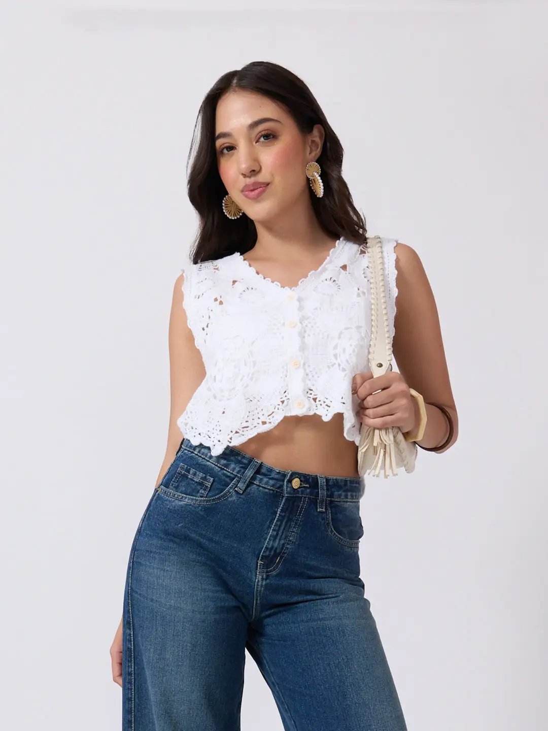 Women's White Crochet Sleeveless Scalloped Hem Top