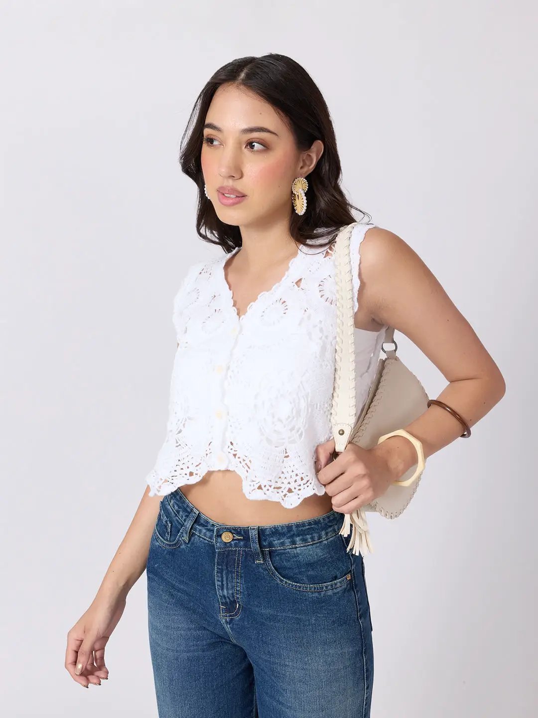 Women's White Crochet Sleeveless Scalloped Hem Top