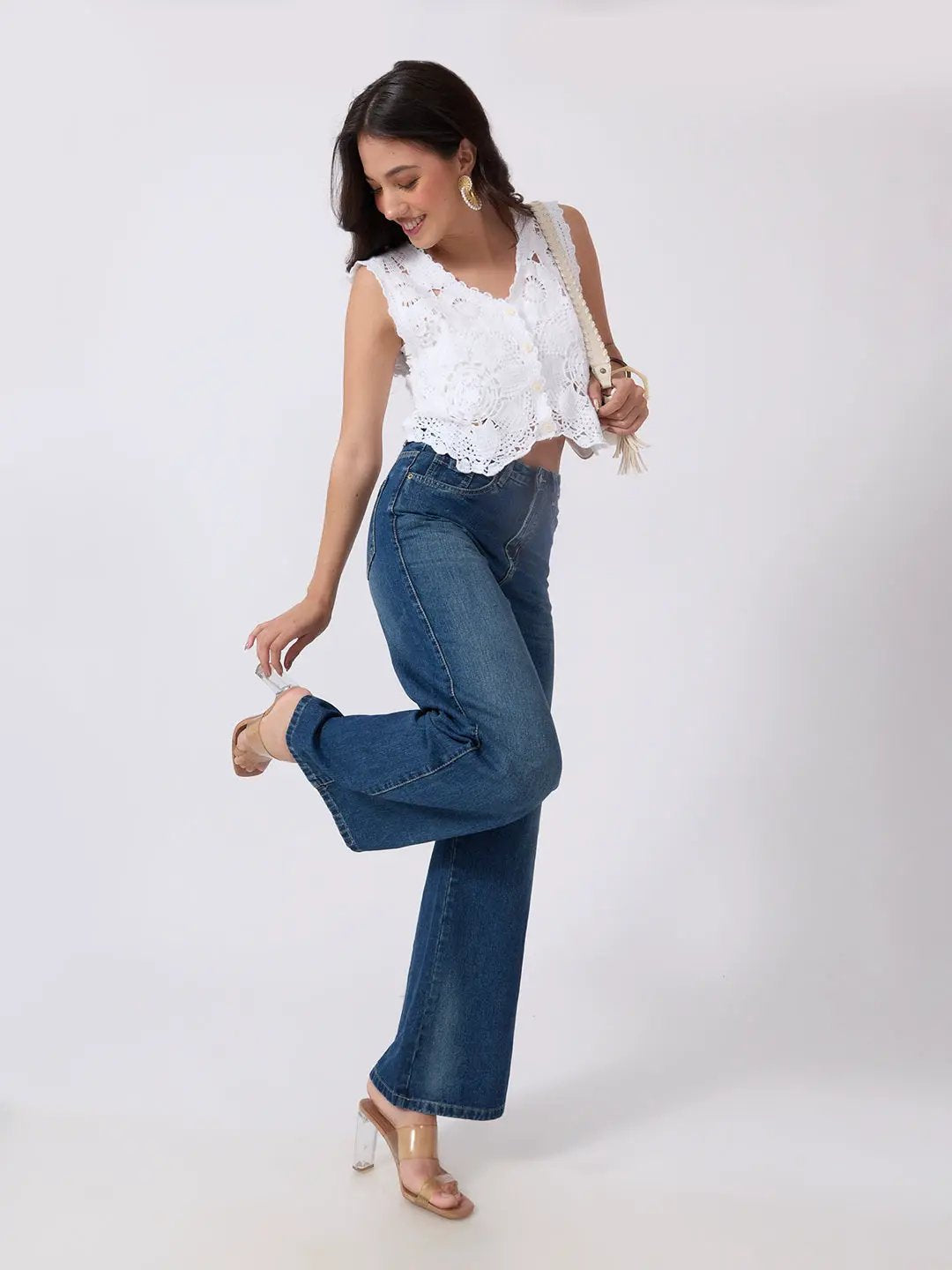 Women's White Crochet Sleeveless Scalloped Hem Top