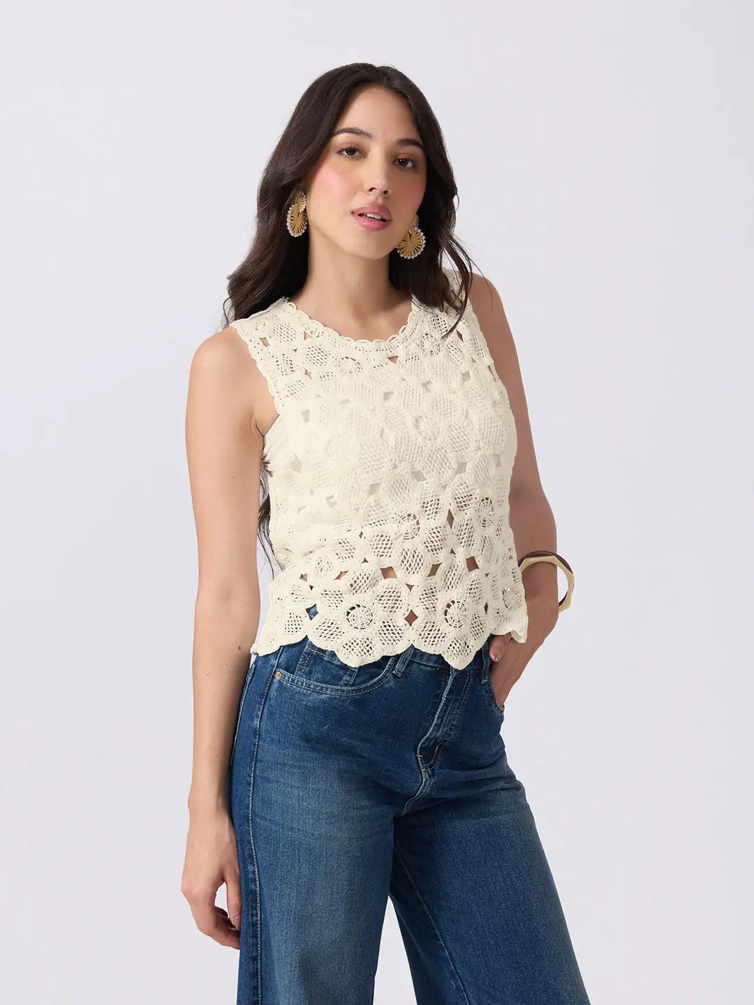 Women's Cream Crochet Sleeveless Scalloped Hem Top