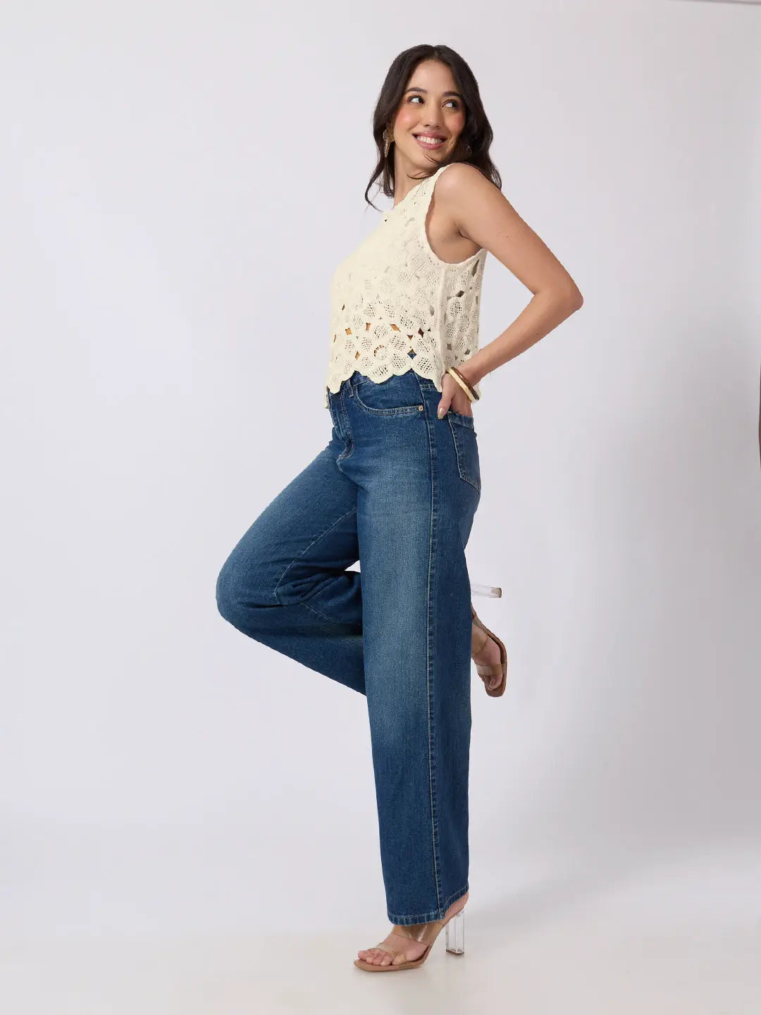 Women's Cream Crochet Sleeveless Scalloped Hem Top