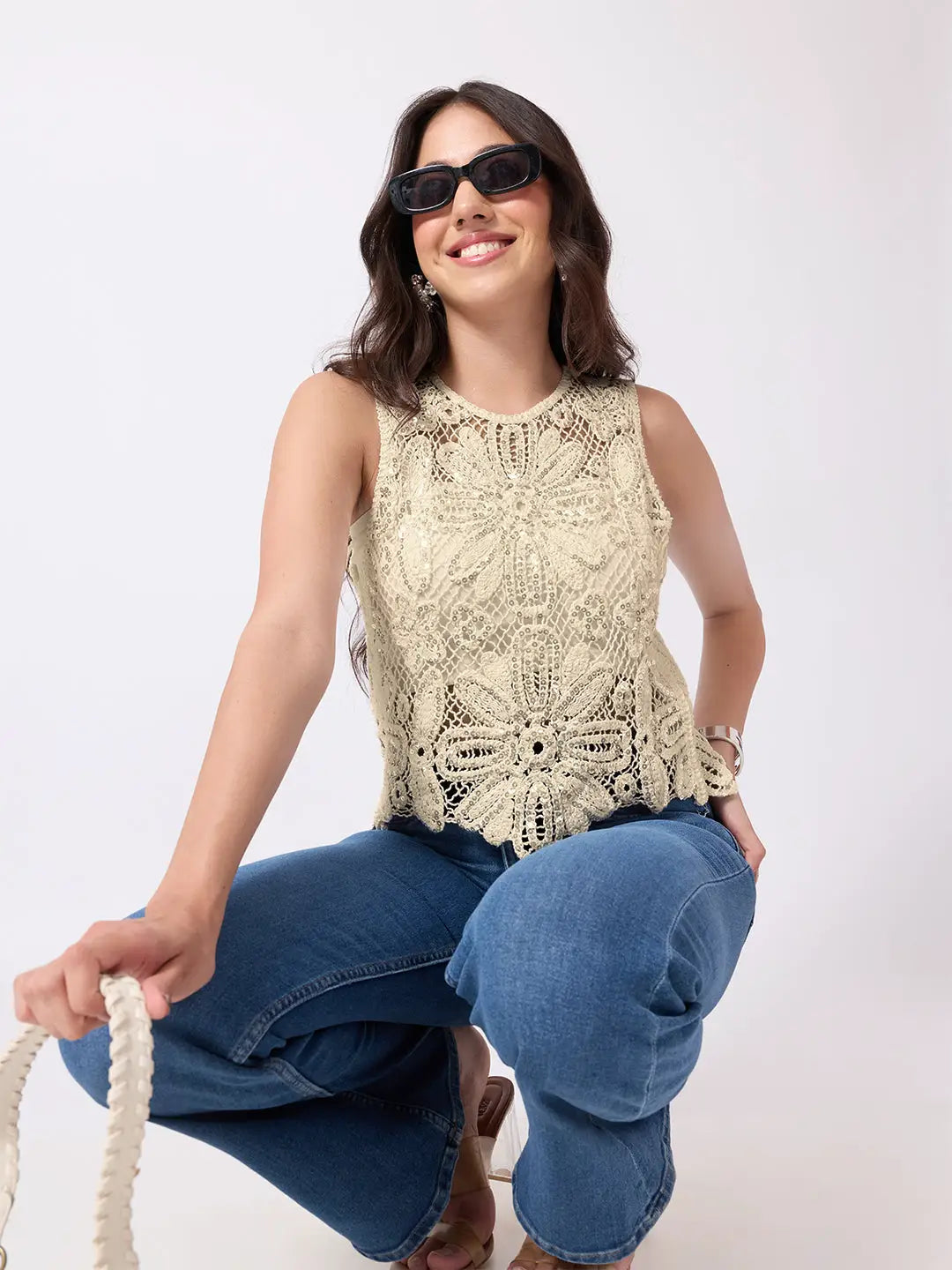 Women's Cream Crochet Sleeveless Scalloped Hem Top