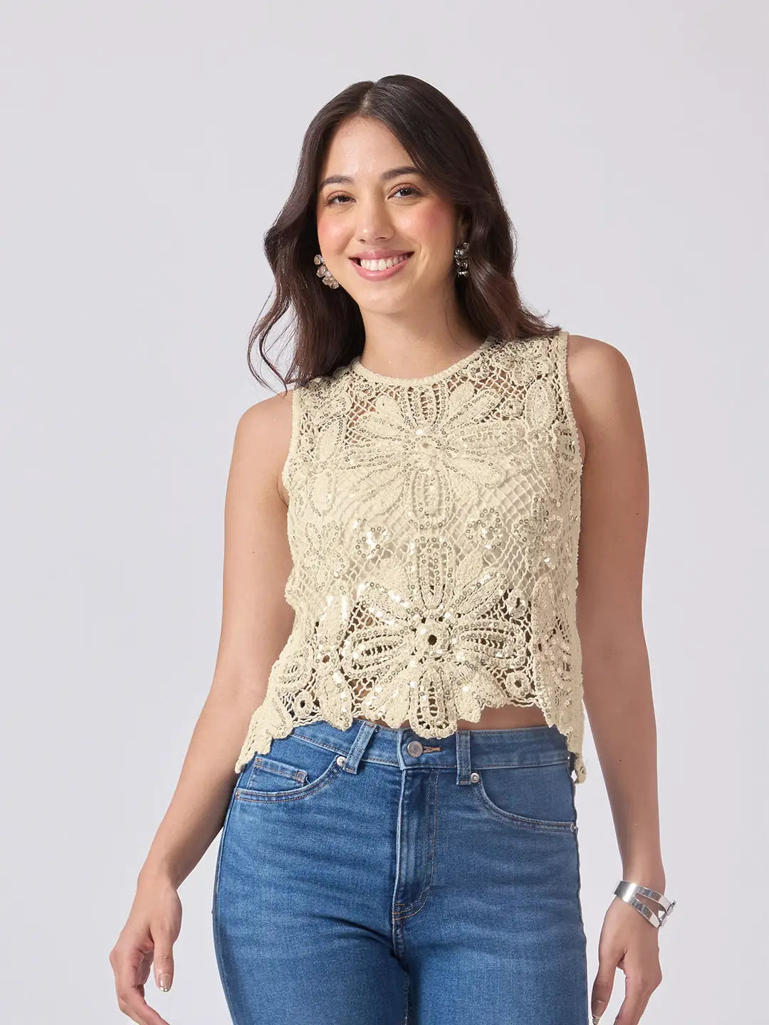 Women's Cream Crochet Sleeveless Scalloped Hem Top