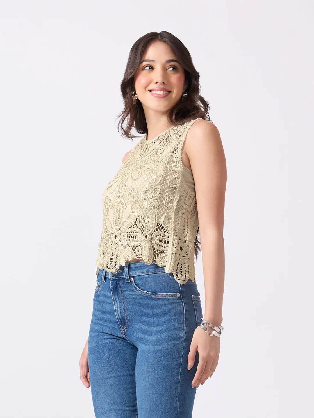 Women's Cream Crochet Sleeveless Scalloped Hem Top