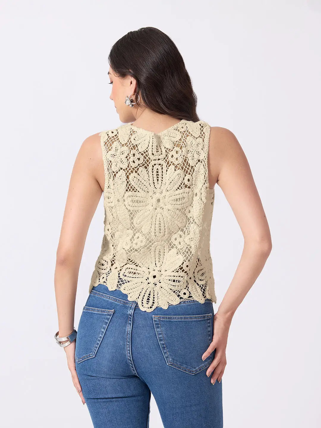 Women's Cream Crochet Sleeveless Scalloped Hem Top