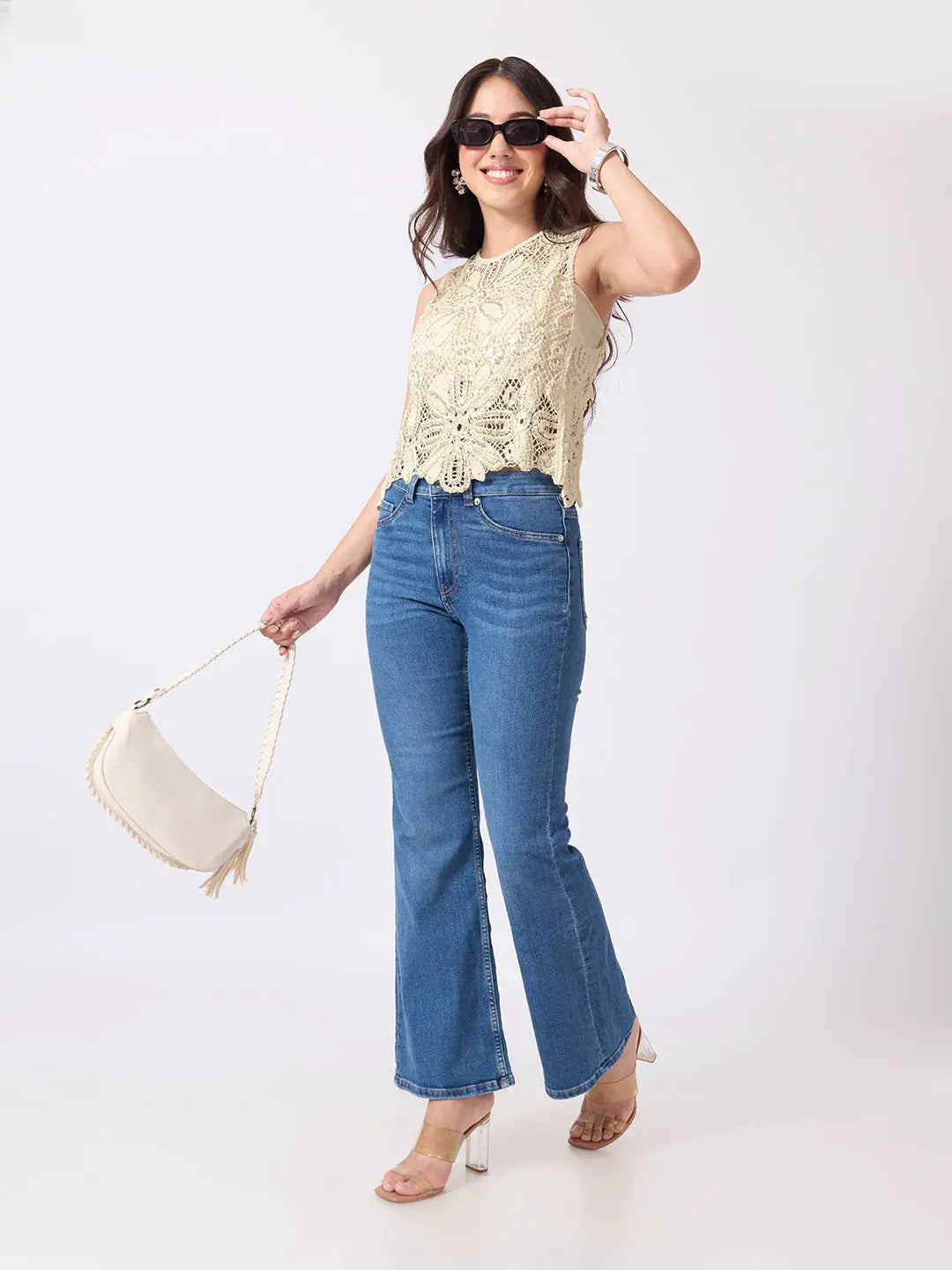 Women's Cream Crochet Sleeveless Scalloped Hem Top