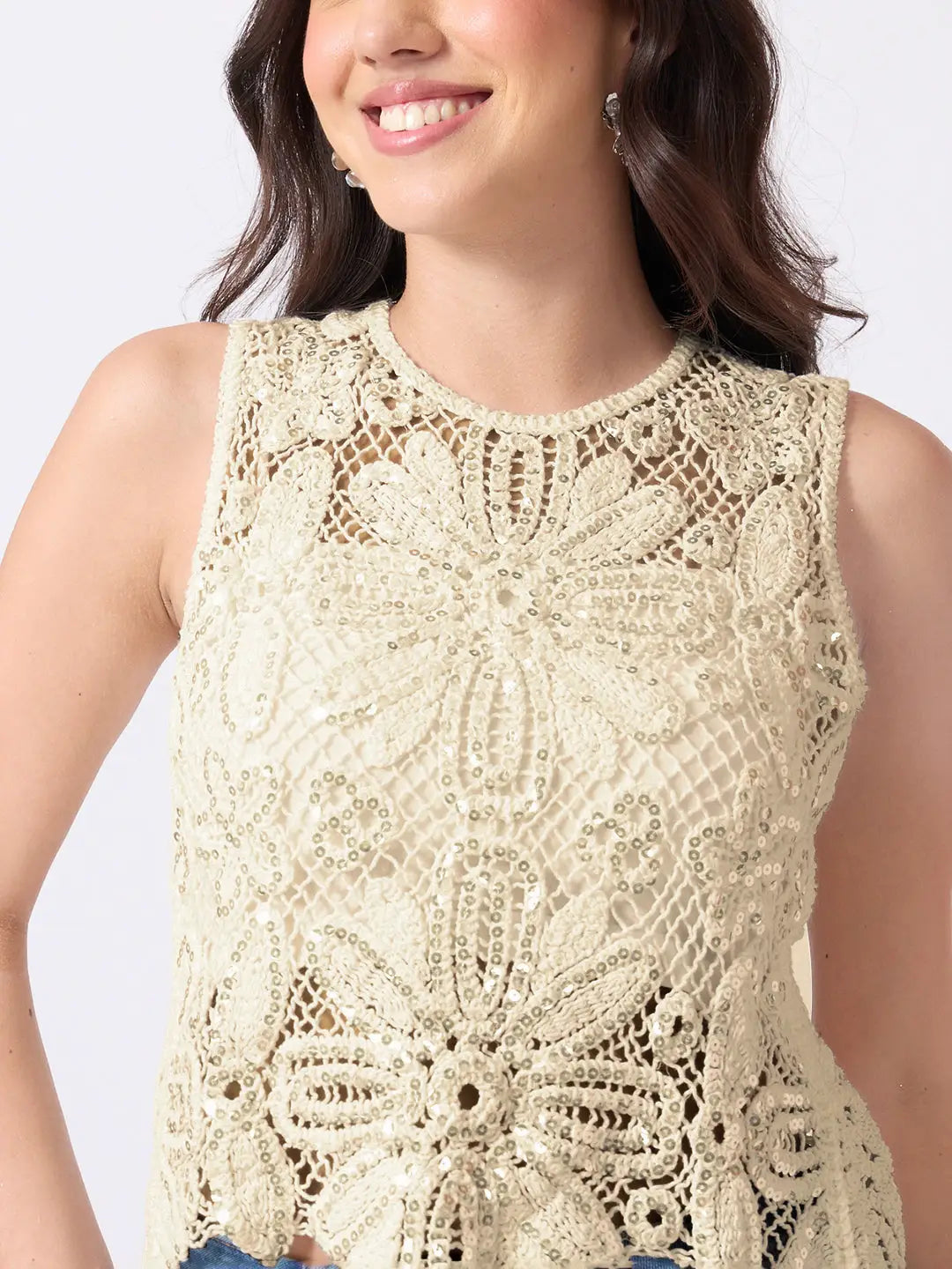 Women's Cream Crochet Sleeveless Scalloped Hem Top