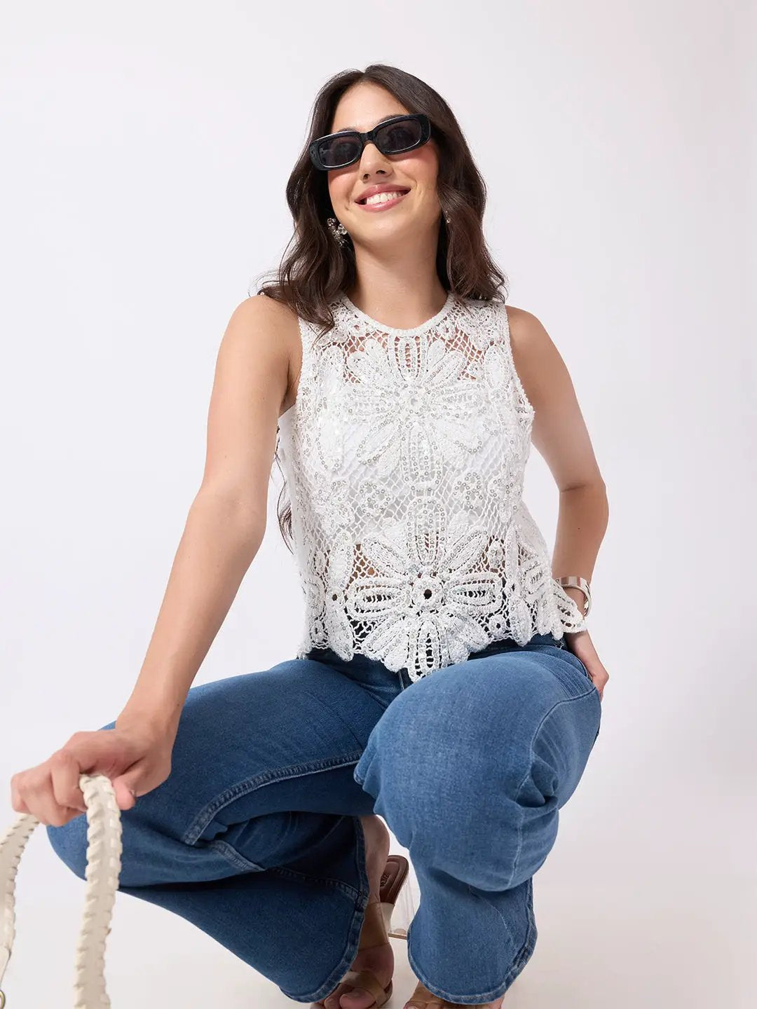 Women's White Crochet Sleeveless Scalloped Hem Top