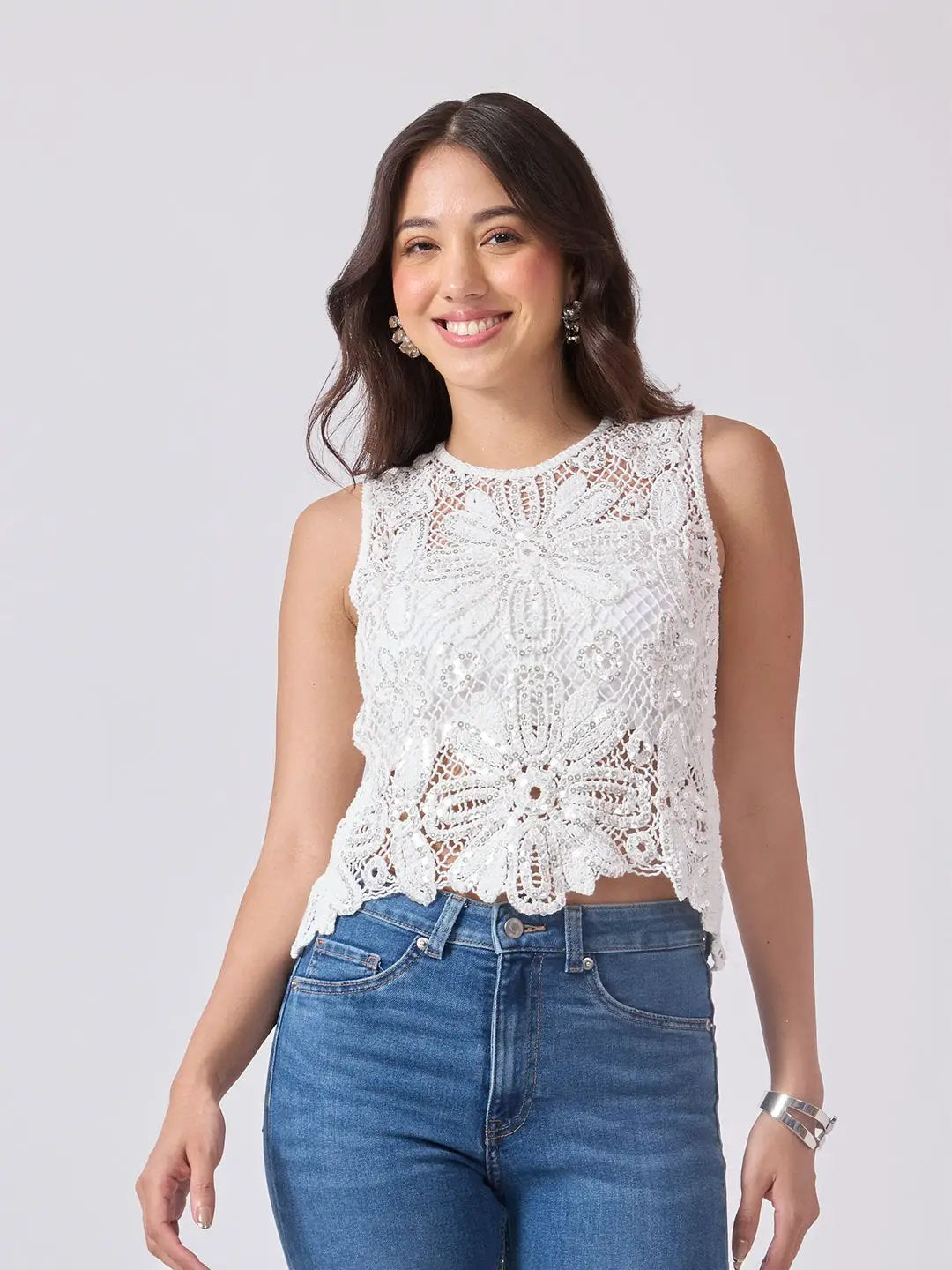 Women's White Crochet Sleeveless Scalloped Hem Top