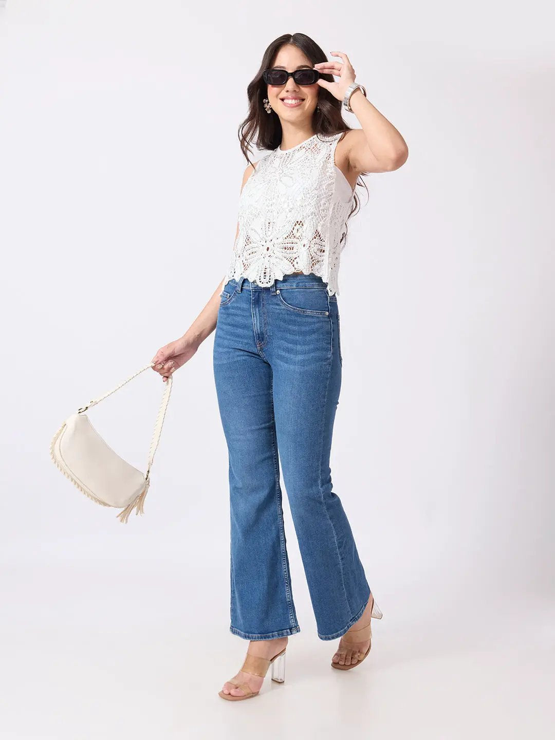 Women's White Crochet Sleeveless Scalloped Hem Top