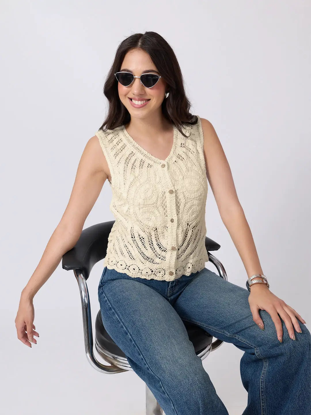 Women's Beige Crochet Sleeveless Top