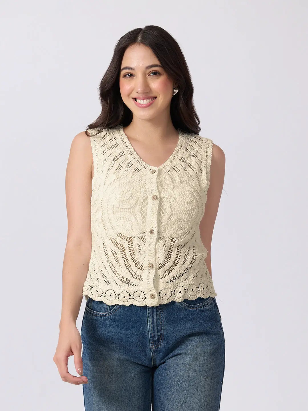 Women's Beige Crochet Sleeveless Top