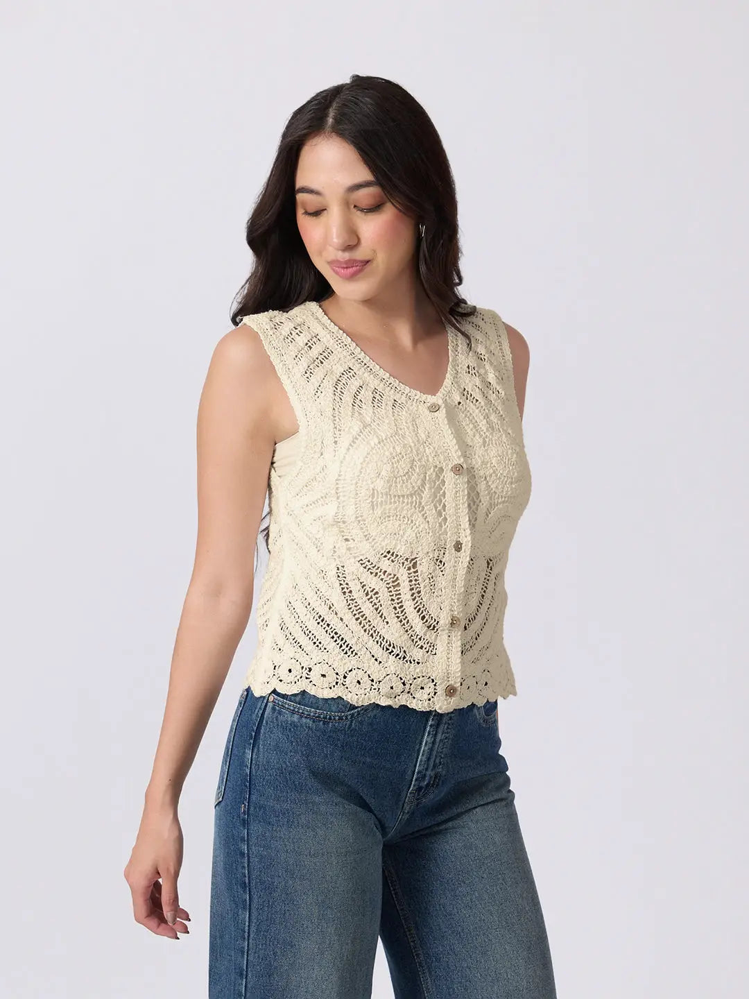 Women's Beige Crochet Sleeveless Top