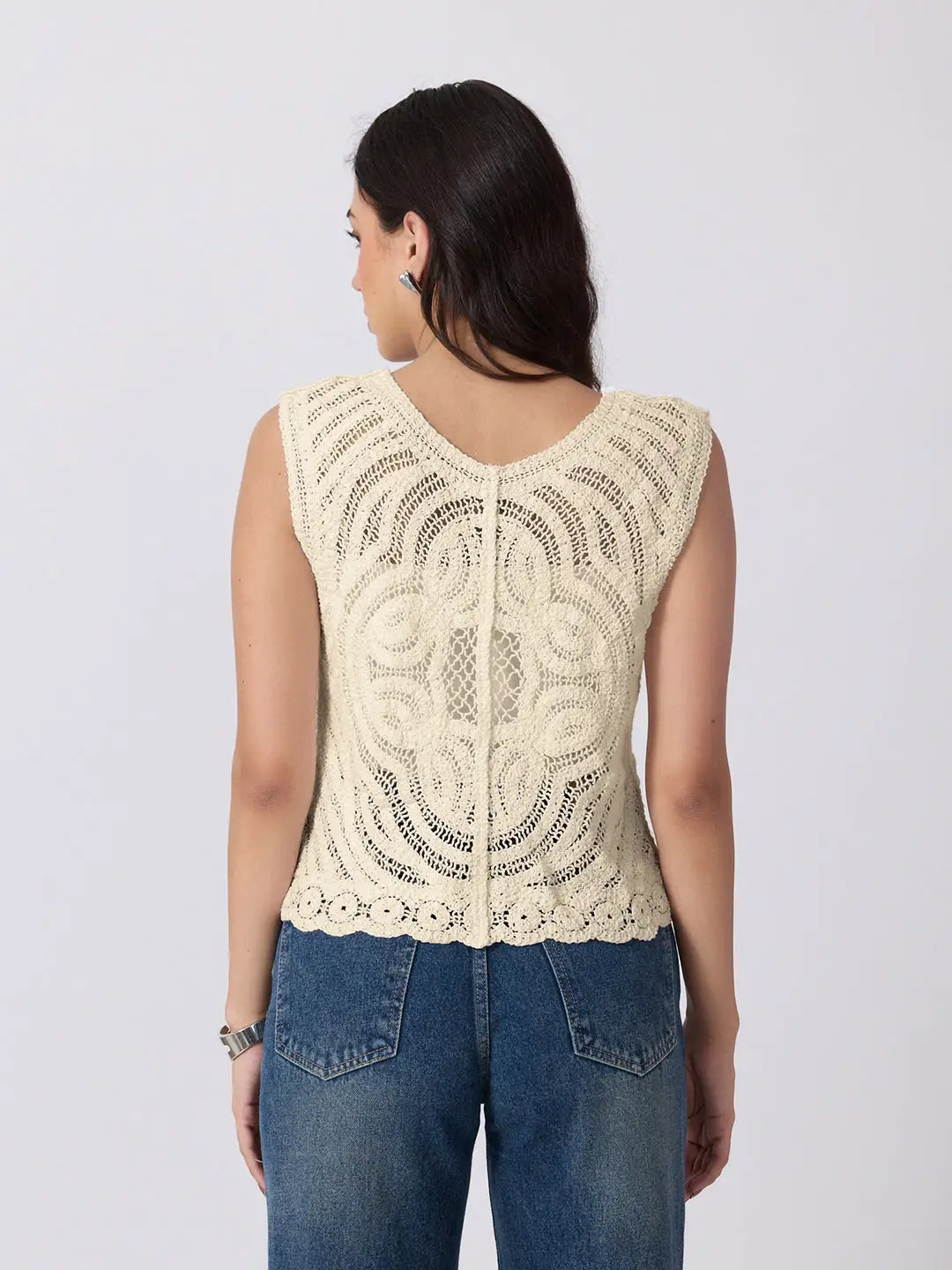 Women's Beige Crochet Sleeveless Top