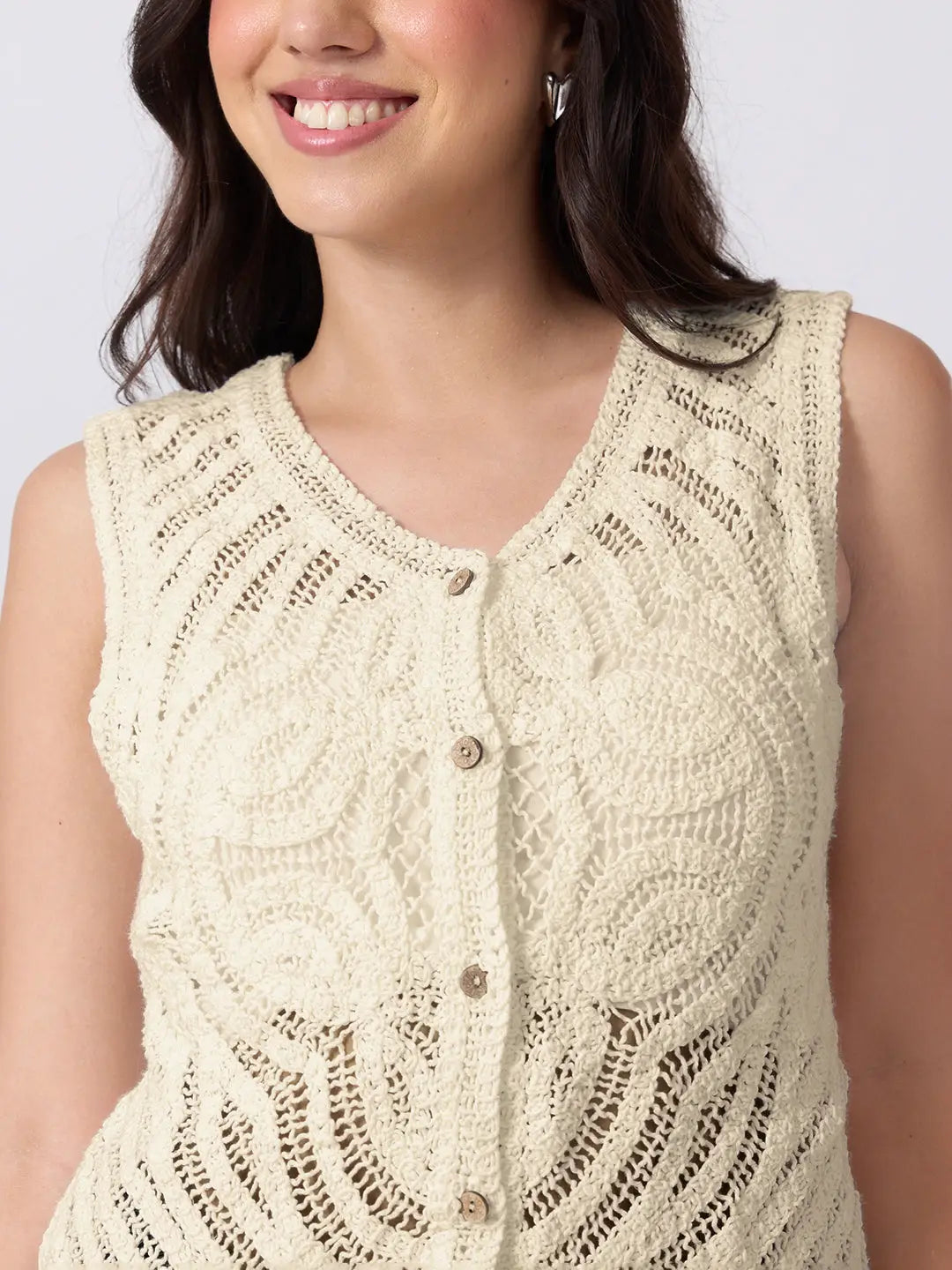 Women's Beige Crochet Sleeveless Top
