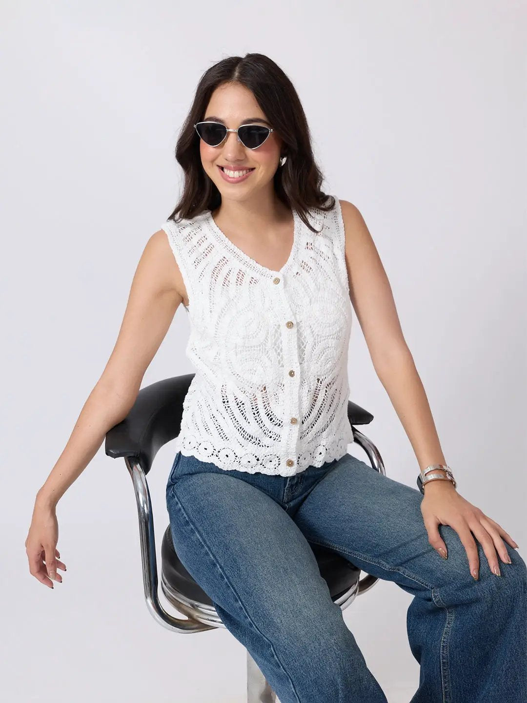 Women's White Crochet Sleeveless Top
