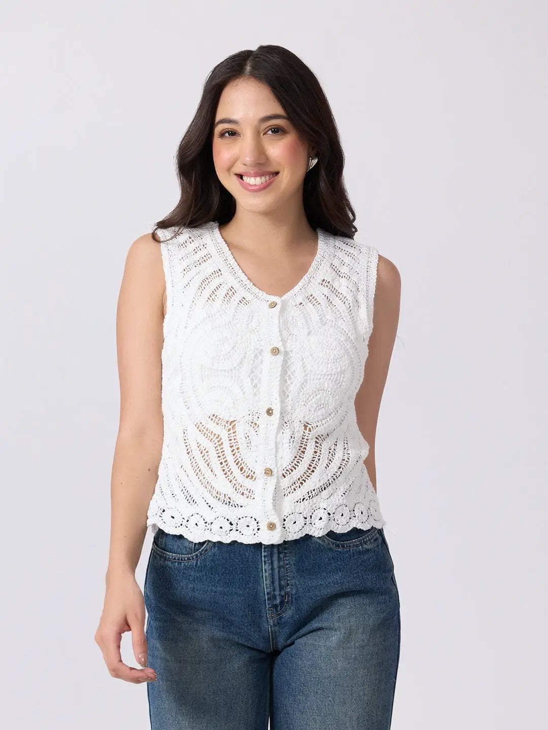 Women's White Crochet Sleeveless Top