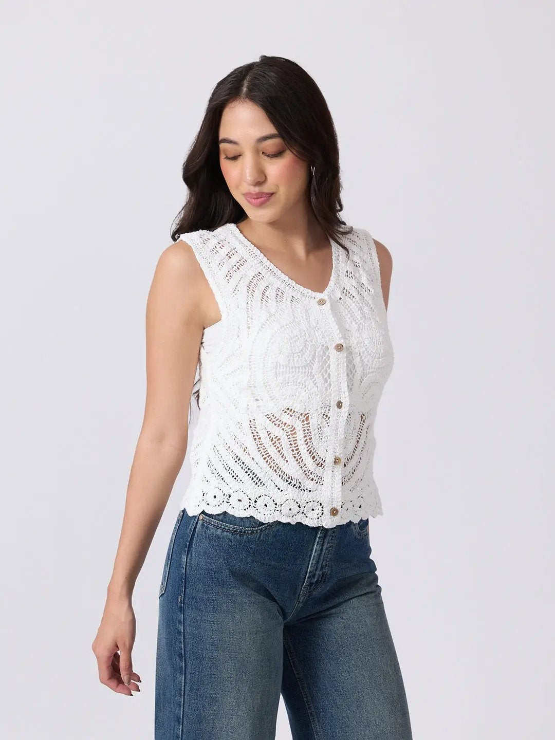 Women's White Crochet Sleeveless Top