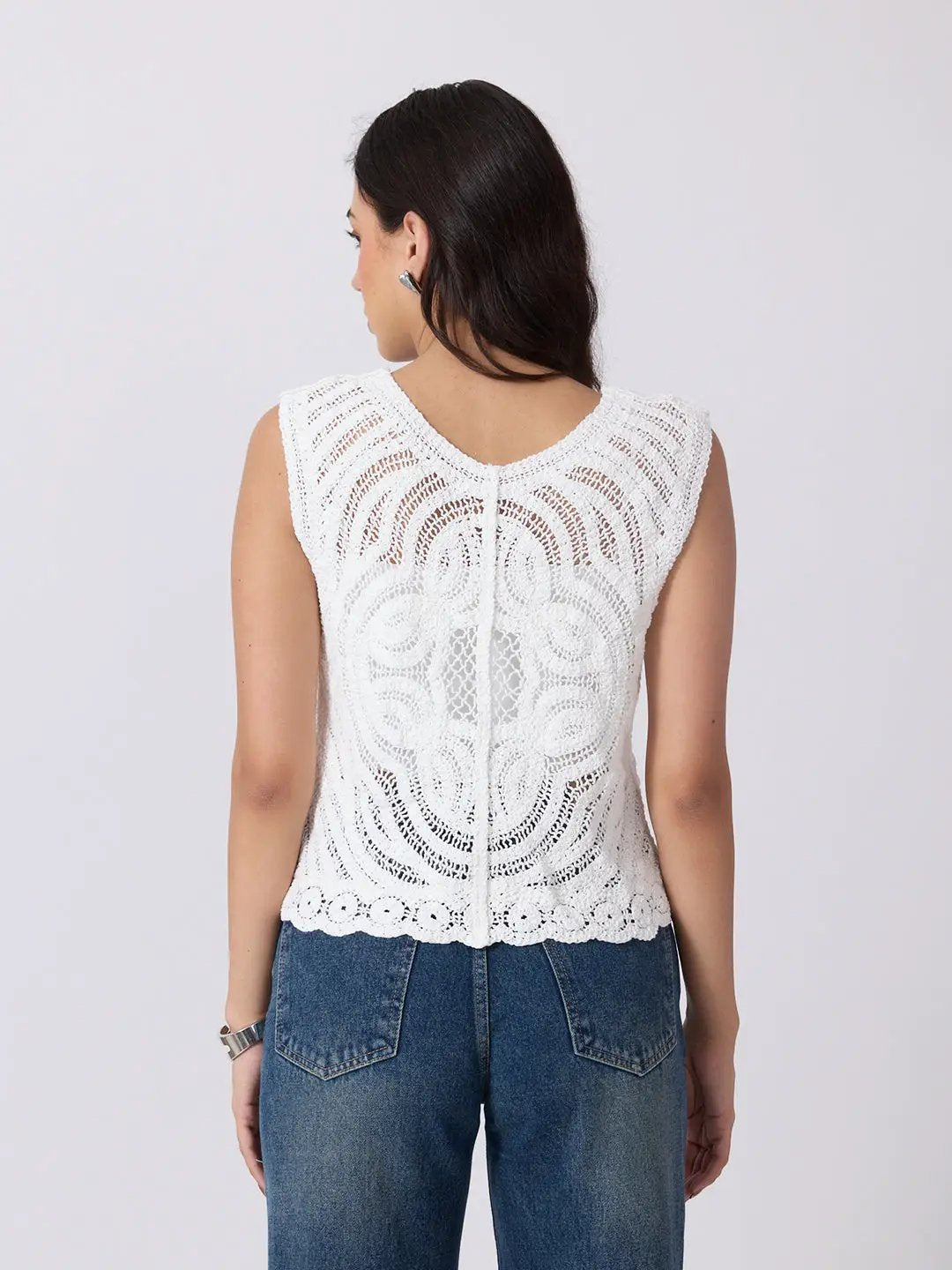 Women's White Crochet Sleeveless Top