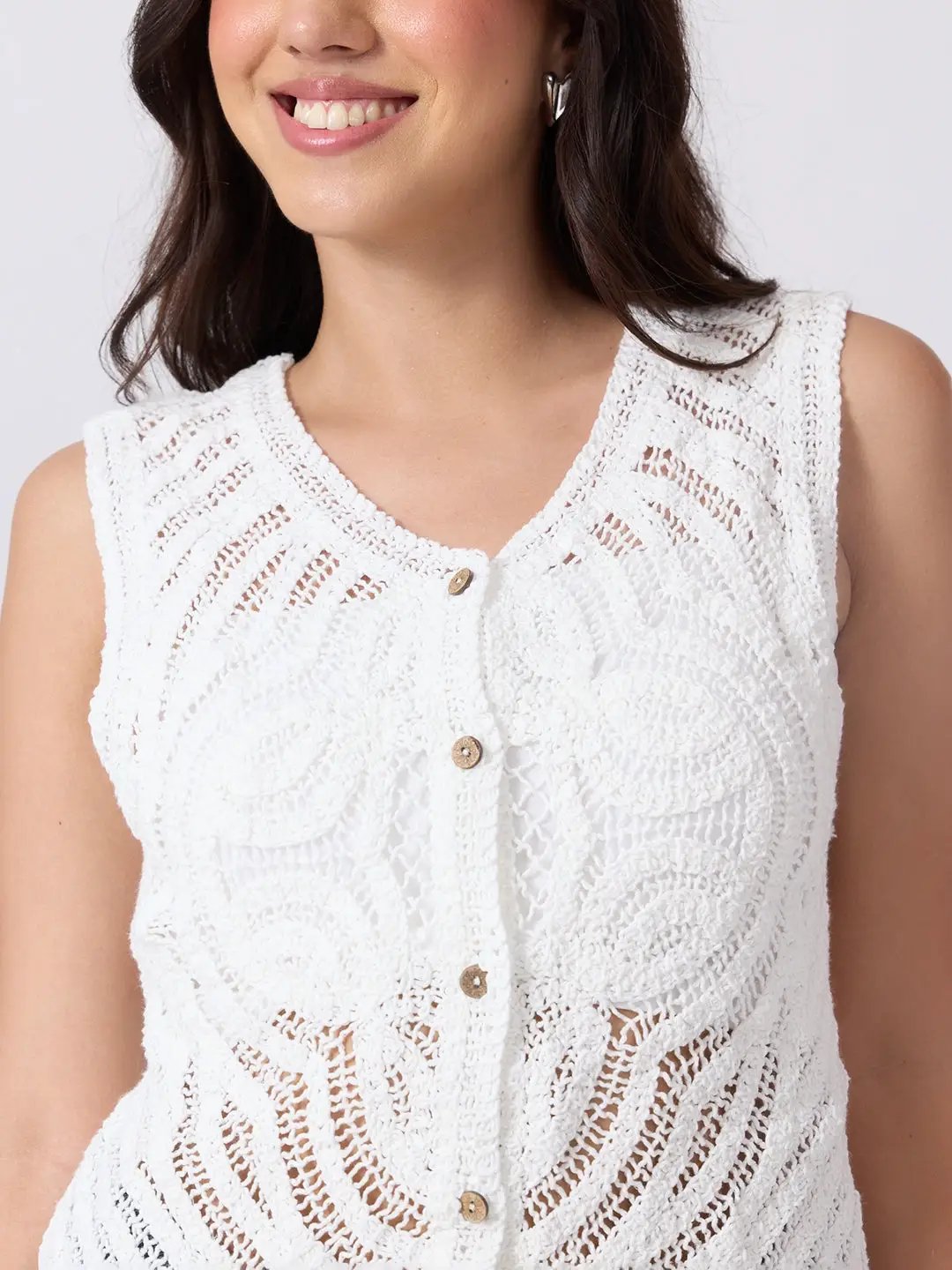 Women's White Crochet Sleeveless Top