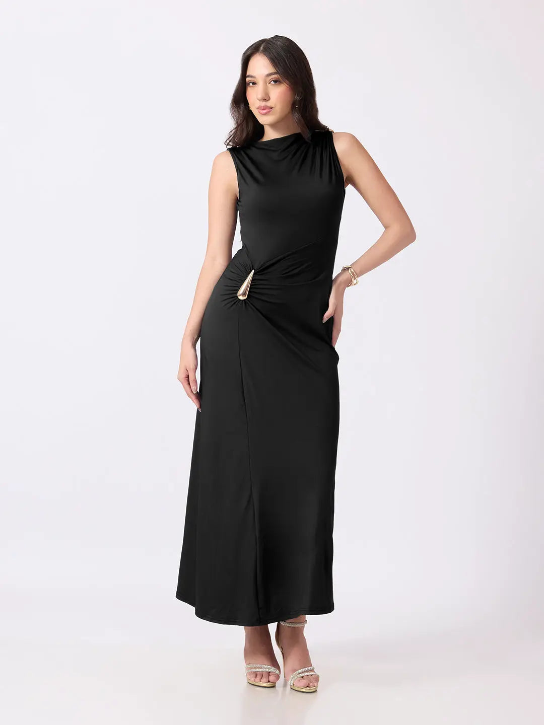Women's Black Bodycon Dress with Gold Tone Waist Brooch & Ruched Detailing