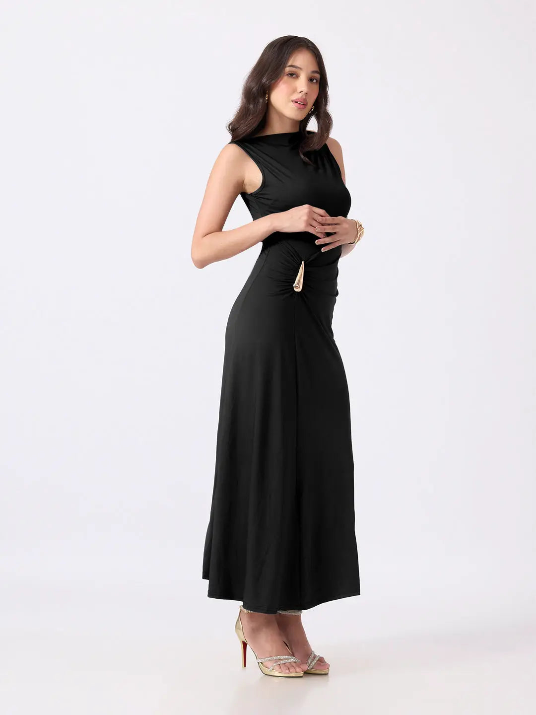 Women's Black Bodycon Dress with Gold Tone Waist Brooch & Ruched Detailing