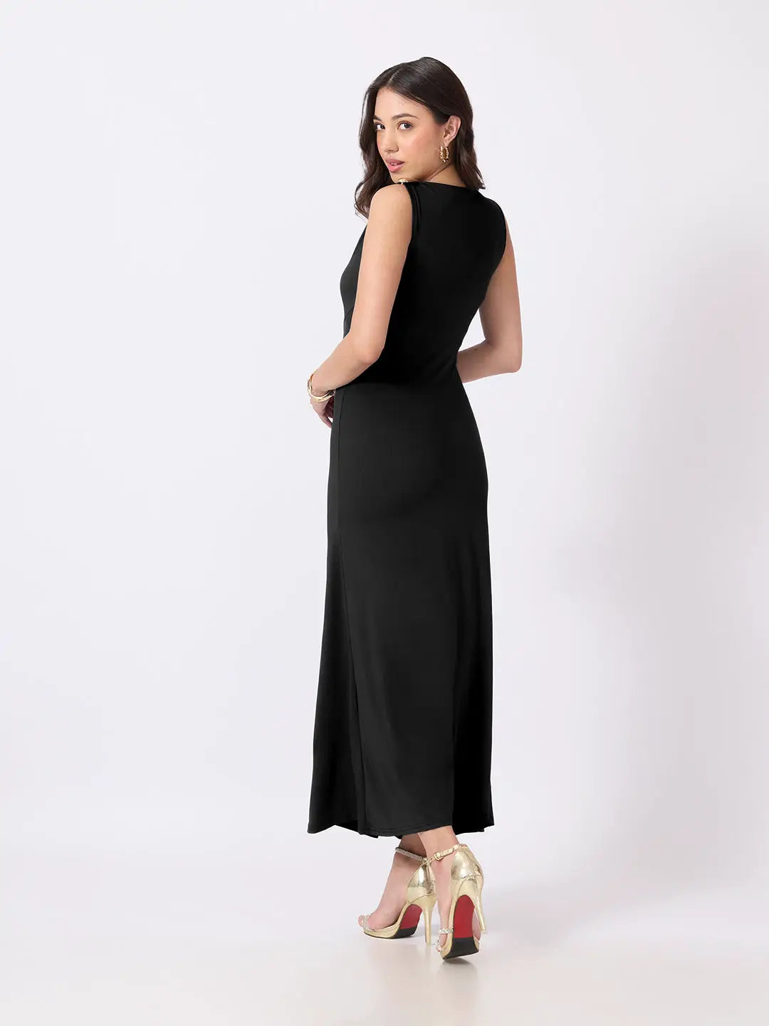 Women's Black Bodycon Dress with Gold Tone Waist Brooch & Ruched Detailing
