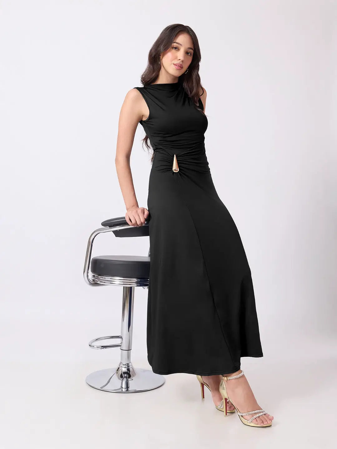 Women's Black Bodycon Dress with Gold Tone Waist Brooch & Ruched Detailing