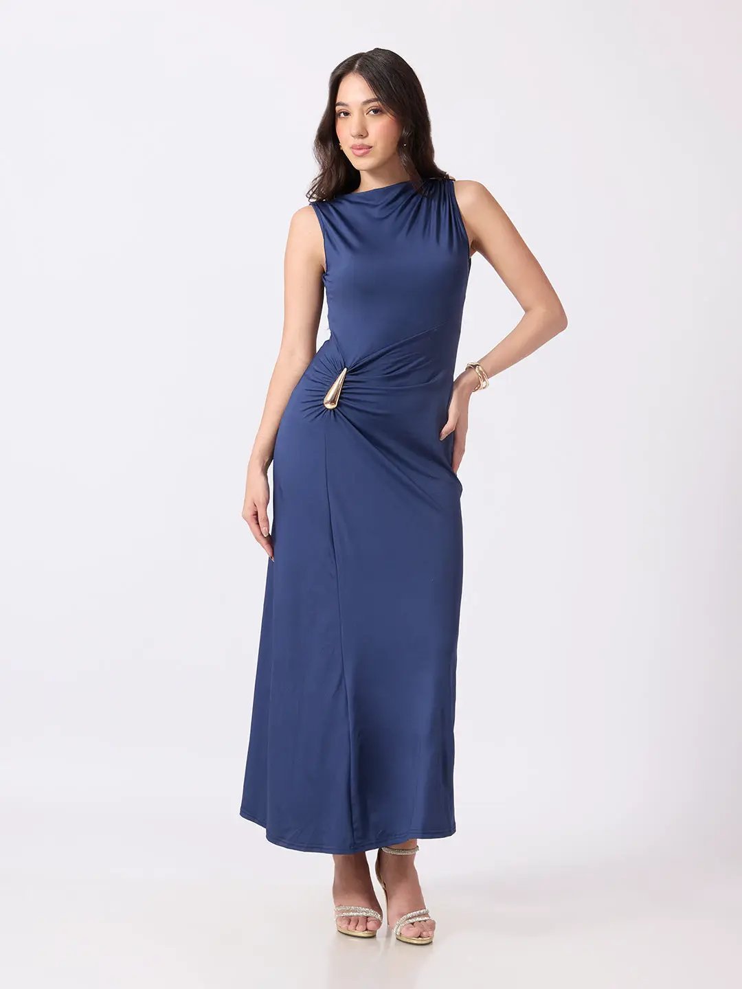 Women's Blue Boat Neck Bodycon Dress with Gold Tone Waist Brooch & Ruched Detailing