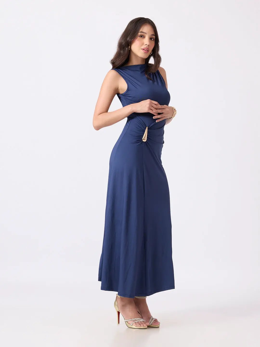 Women's Blue Boat Neck Bodycon Dress with Gold Tone Waist Brooch & Ruched Detailing