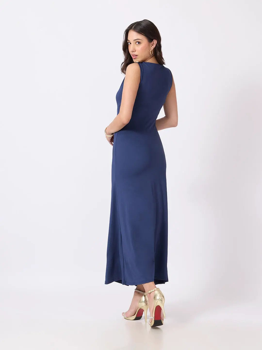 Women's Blue Boat Neck Bodycon Dress with Gold Tone Waist Brooch & Ruched Detailing