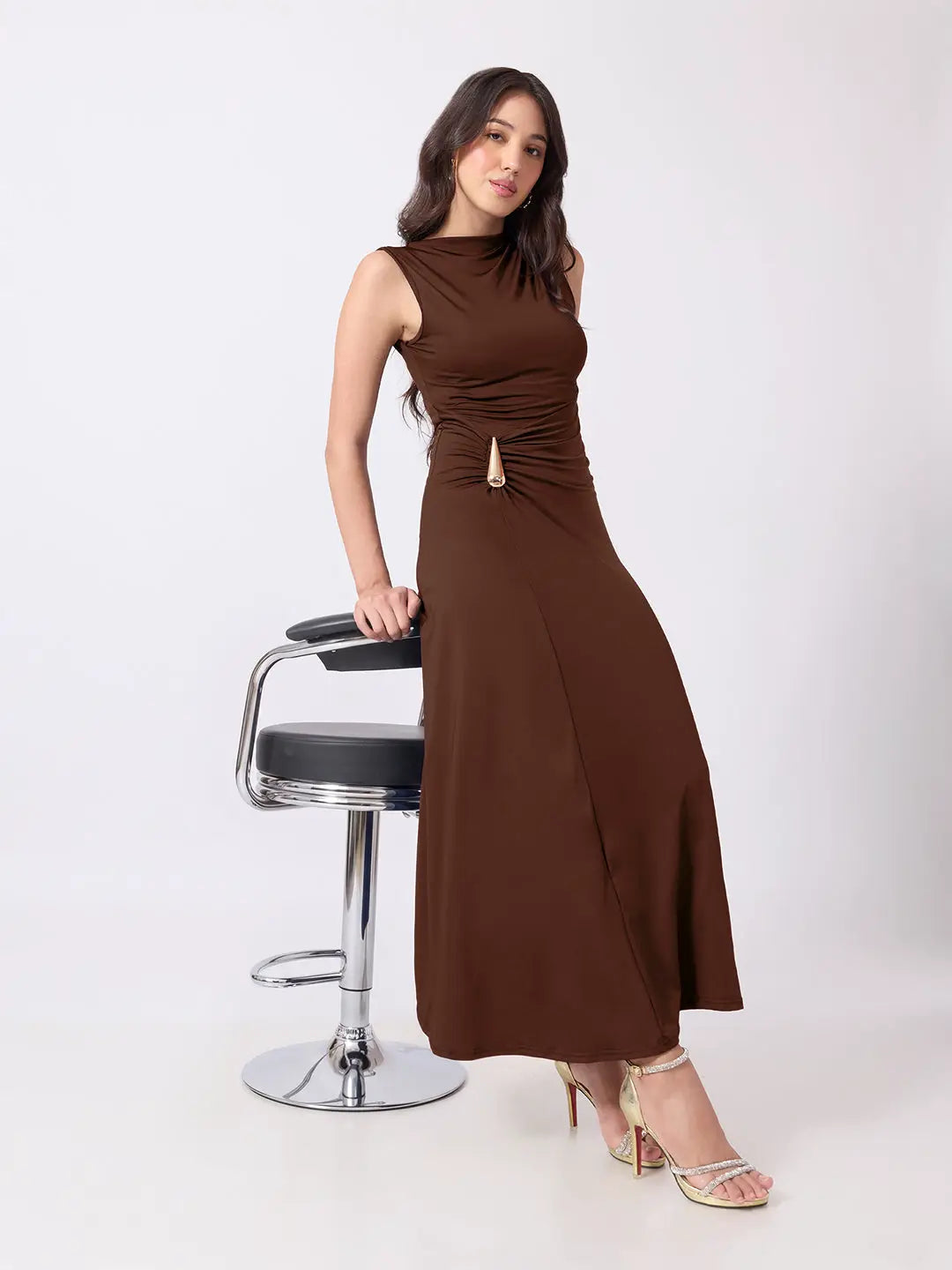 Women's Brown Bodycon Dress with Gold Tone Waist Brooch & Ruched Detailing