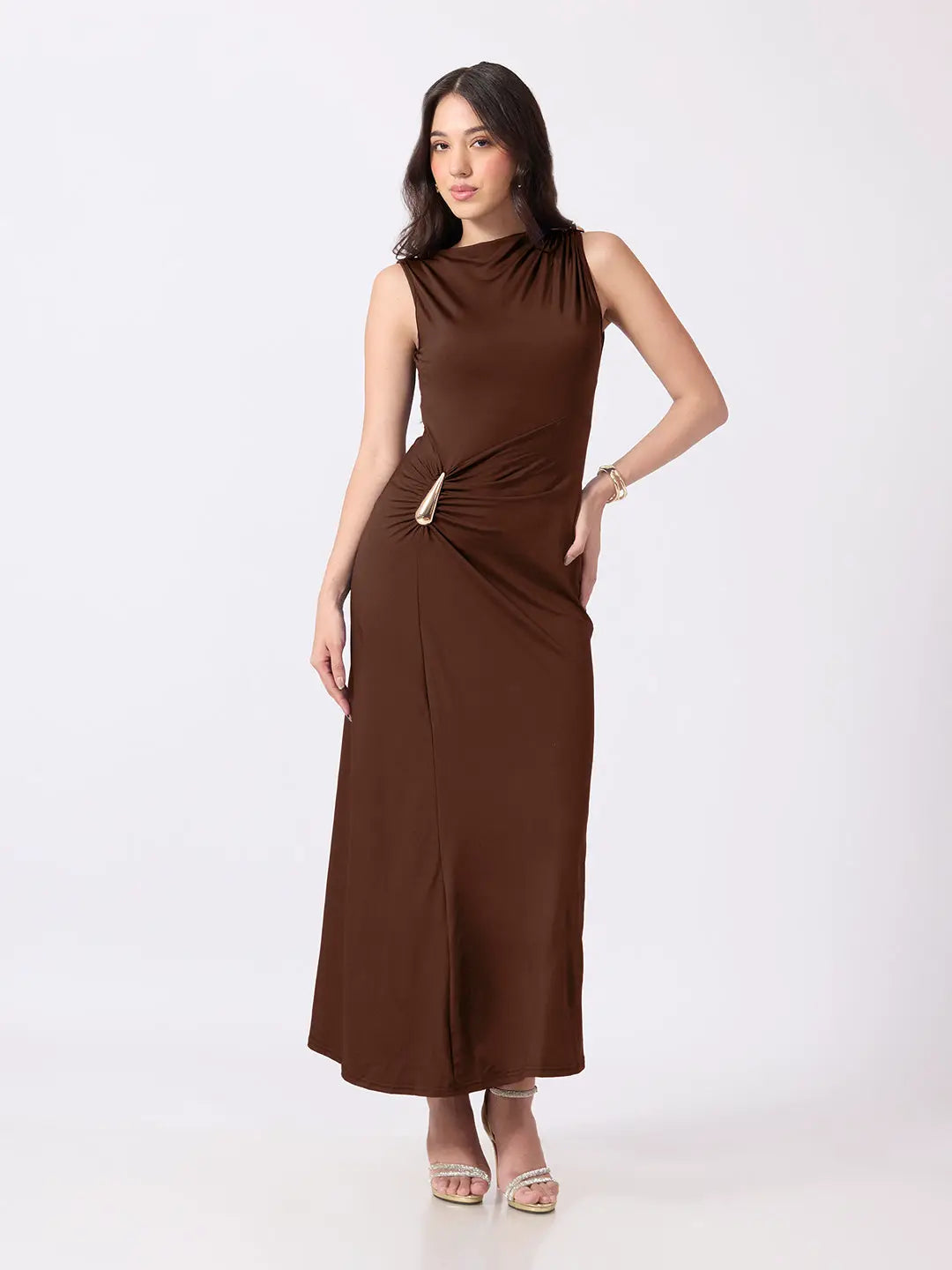 Women's Brown Bodycon Dress with Gold Tone Waist Brooch & Ruched Detailing