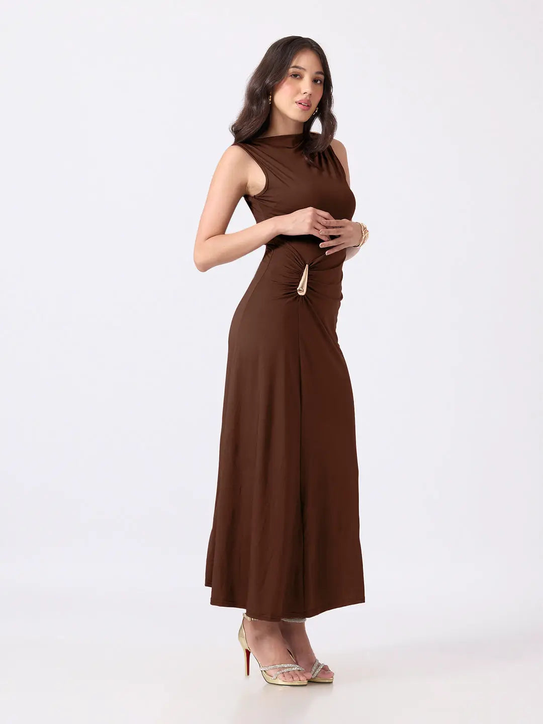 Women's Brown Bodycon Dress with Gold Tone Waist Brooch & Ruched Detailing