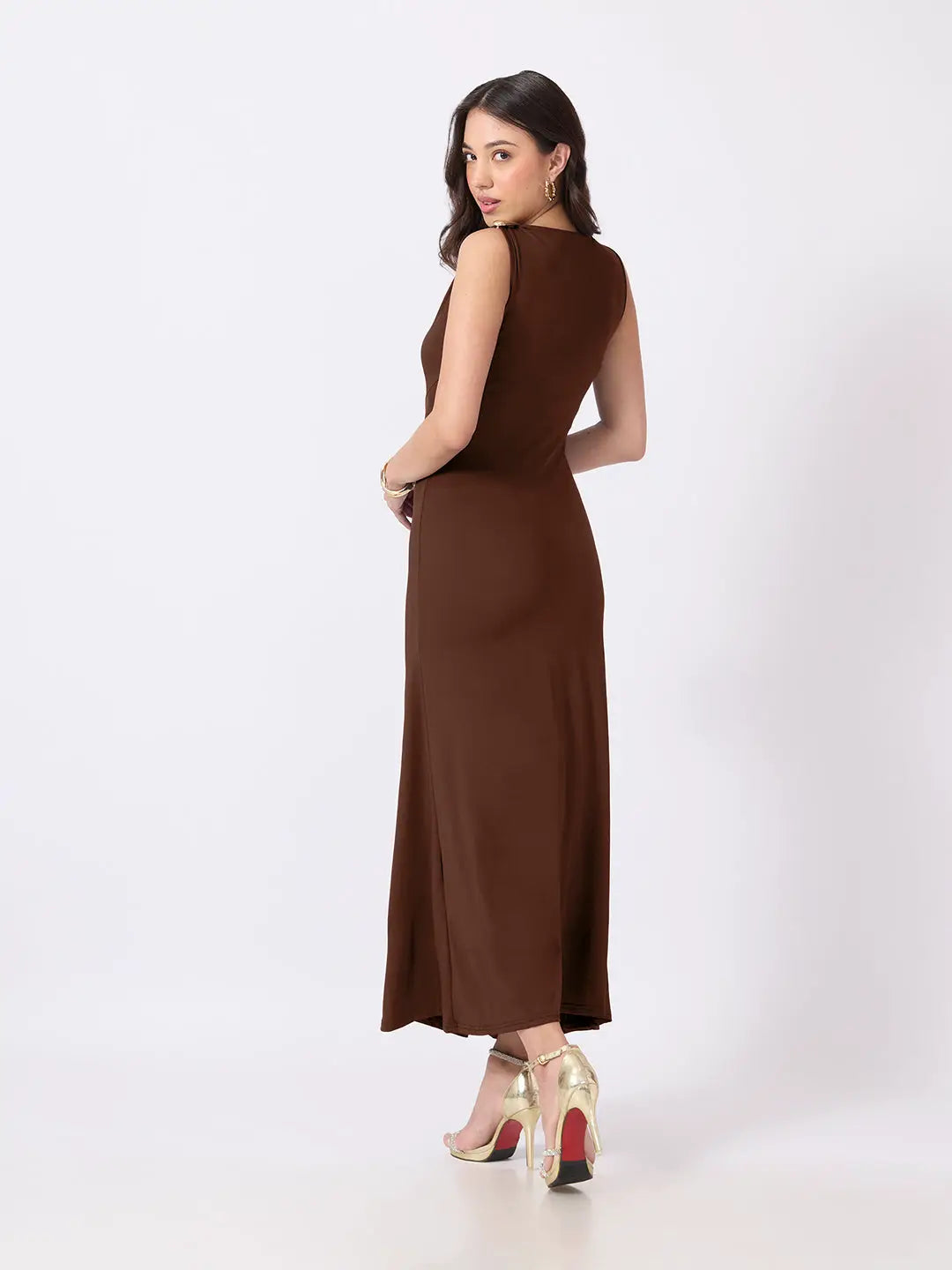Women's Brown Bodycon Dress with Gold Tone Waist Brooch & Ruched Detailing