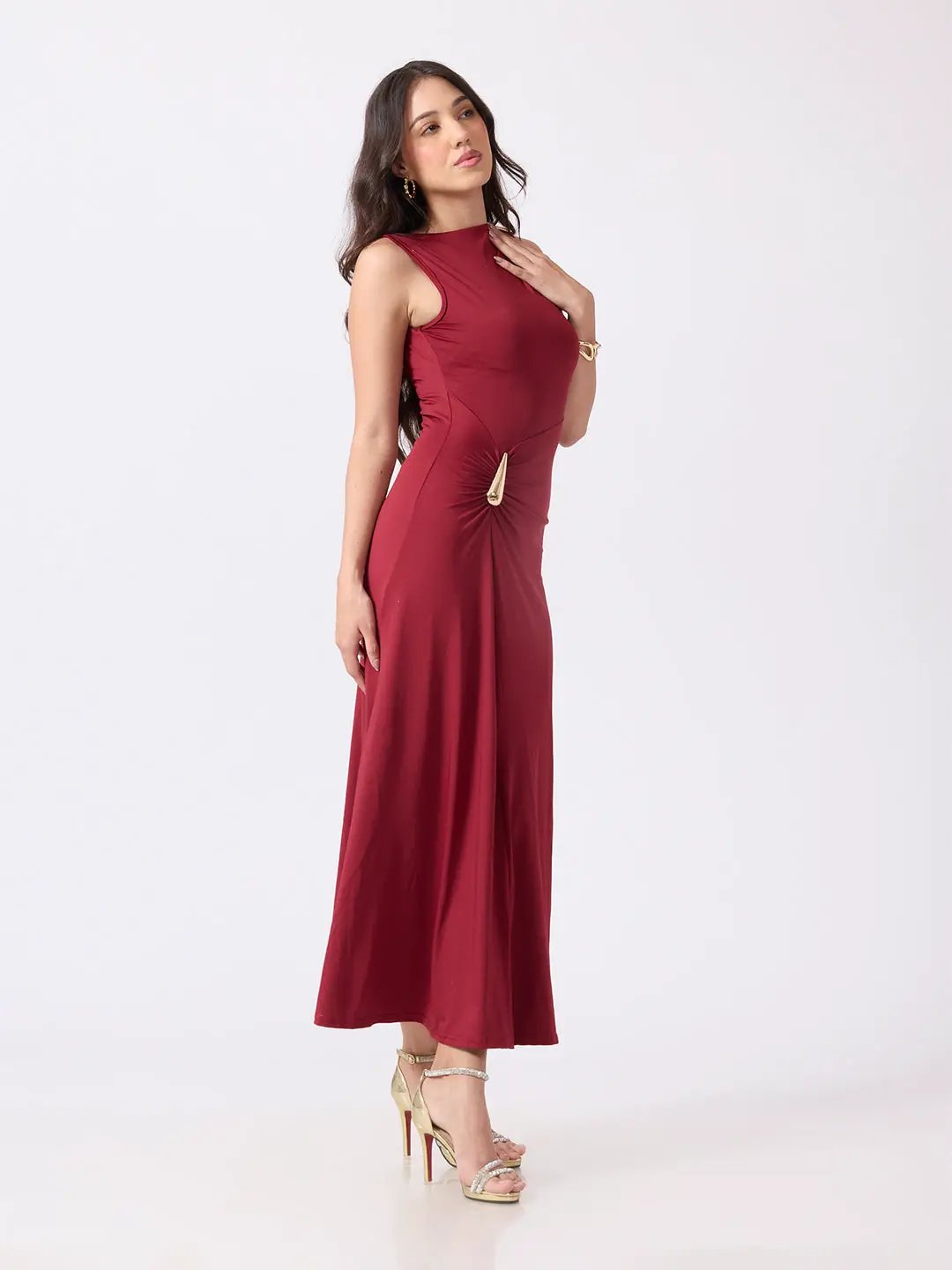 Women's Red Boat Neck Bodycon Dress with Gold Tone Waist Brooch & Ruched Detailing