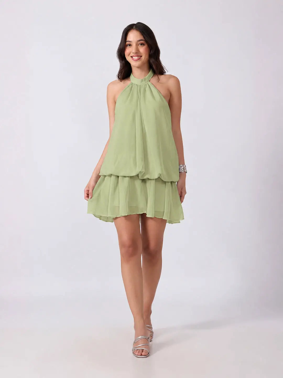Women's Green Halter Neck Sleeveless Layered Flared Mini Dress