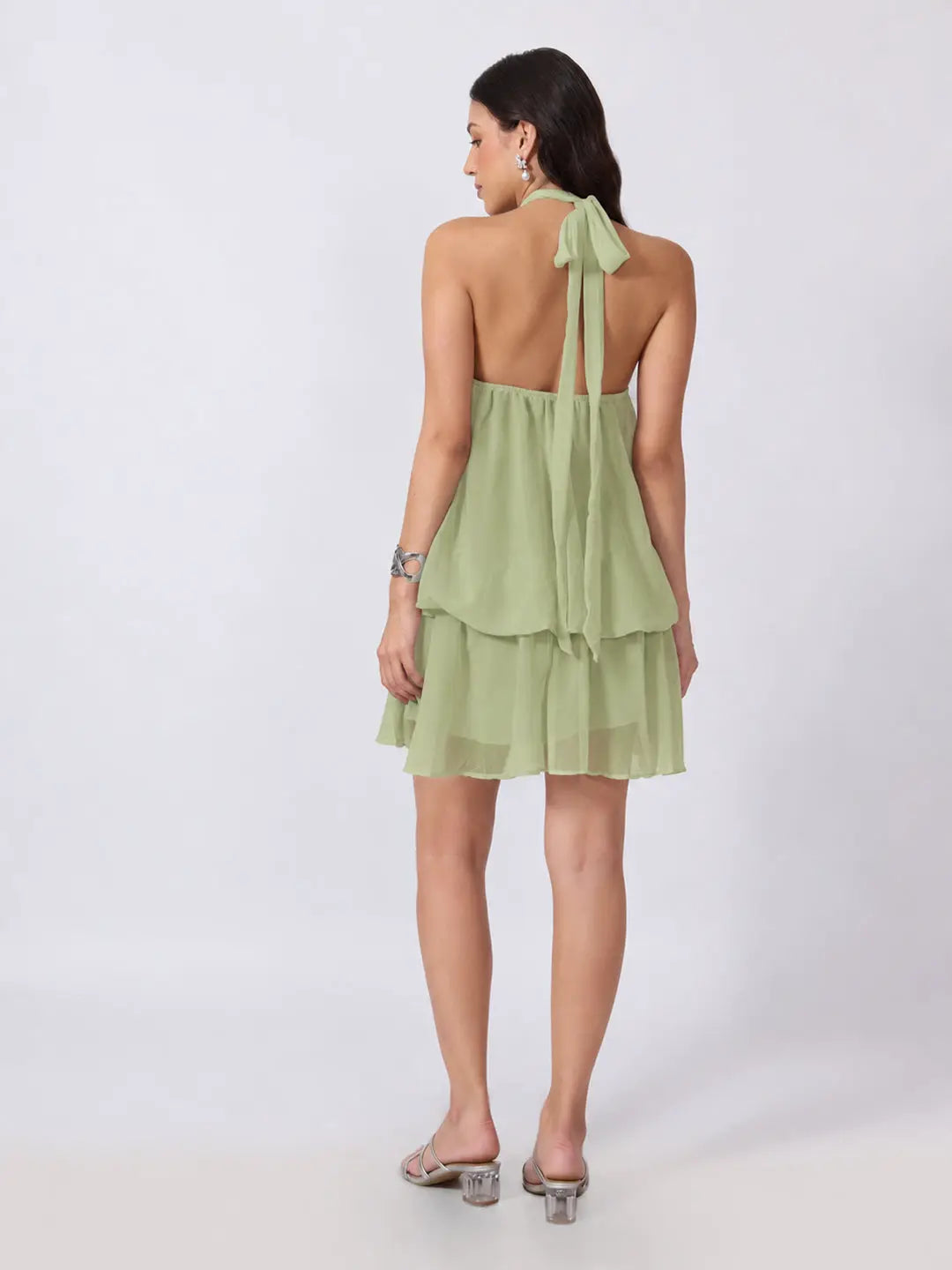 Women's Green Halter Neck Sleeveless Layered Flared Mini Dress