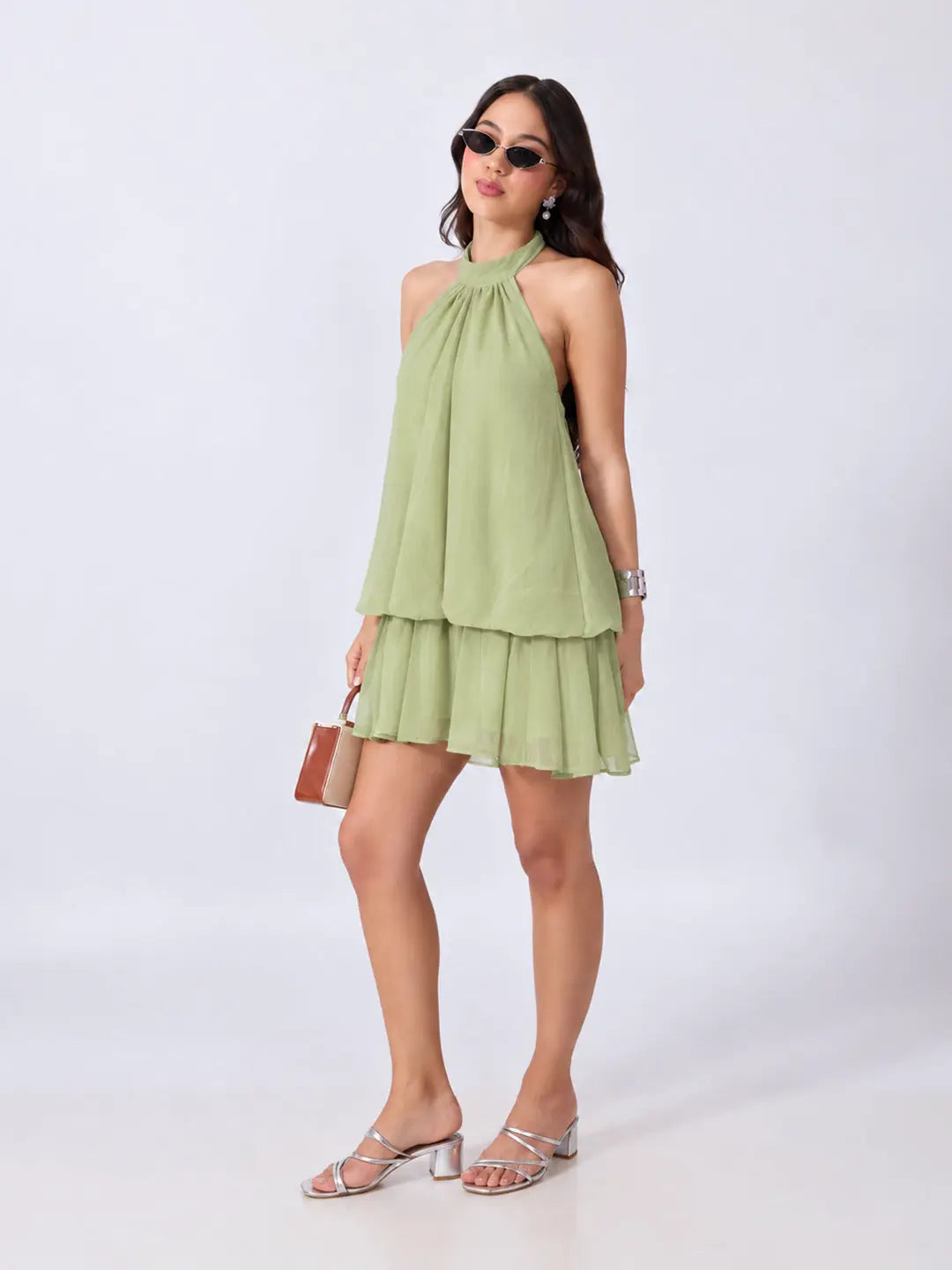 Women's Green Halter Neck Sleeveless Layered Flared Mini Dress
