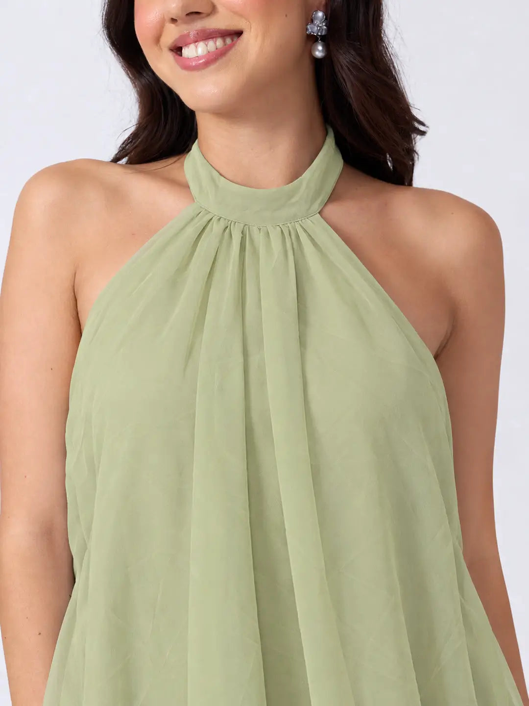 Women's Green Halter Neck Sleeveless Layered Flared Mini Dress