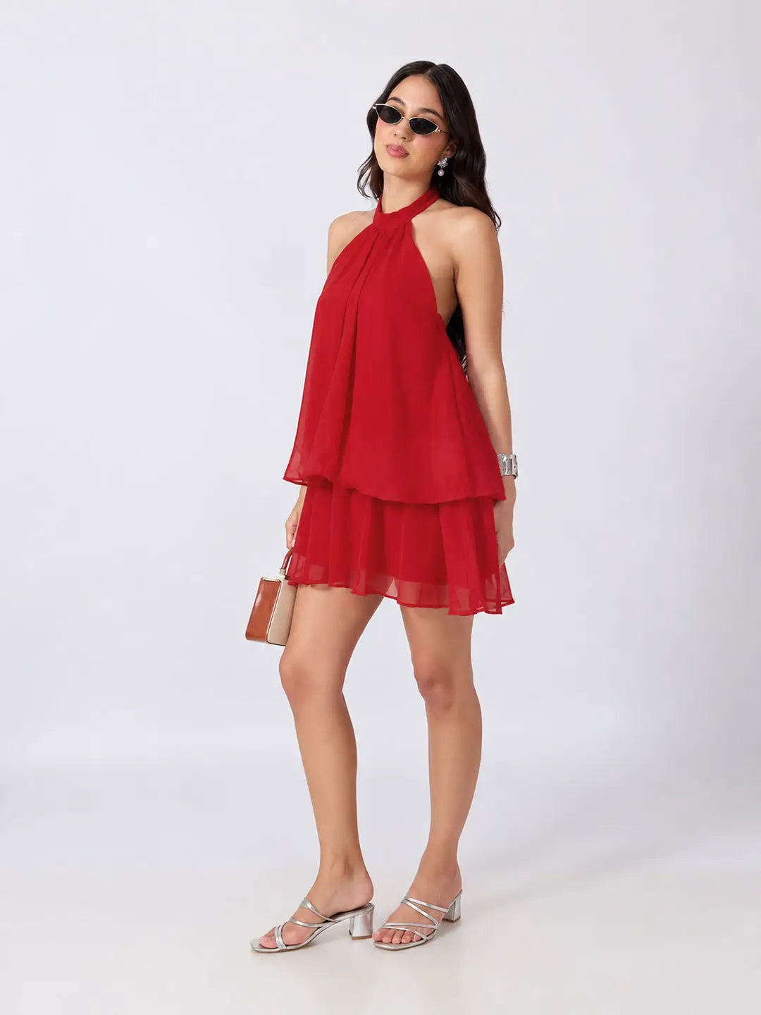 Women's Red Halter Neck Sleeveless Layered Flared Mini Dress