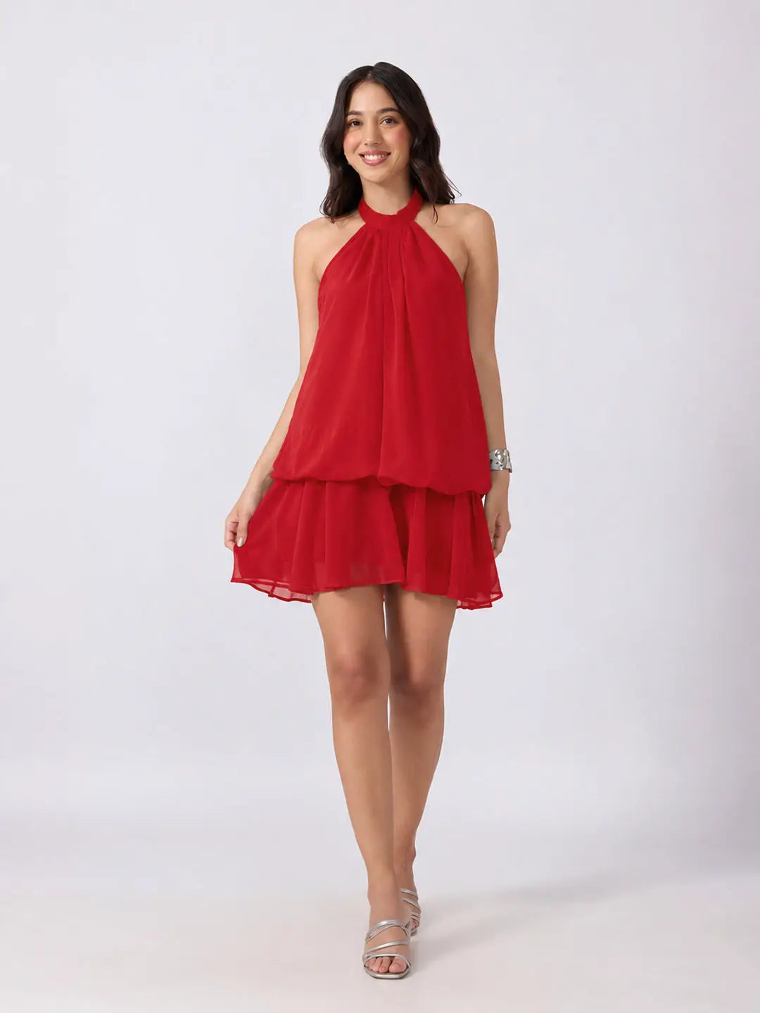 Women's Red Halter Neck Sleeveless Layered Flared Mini Dress