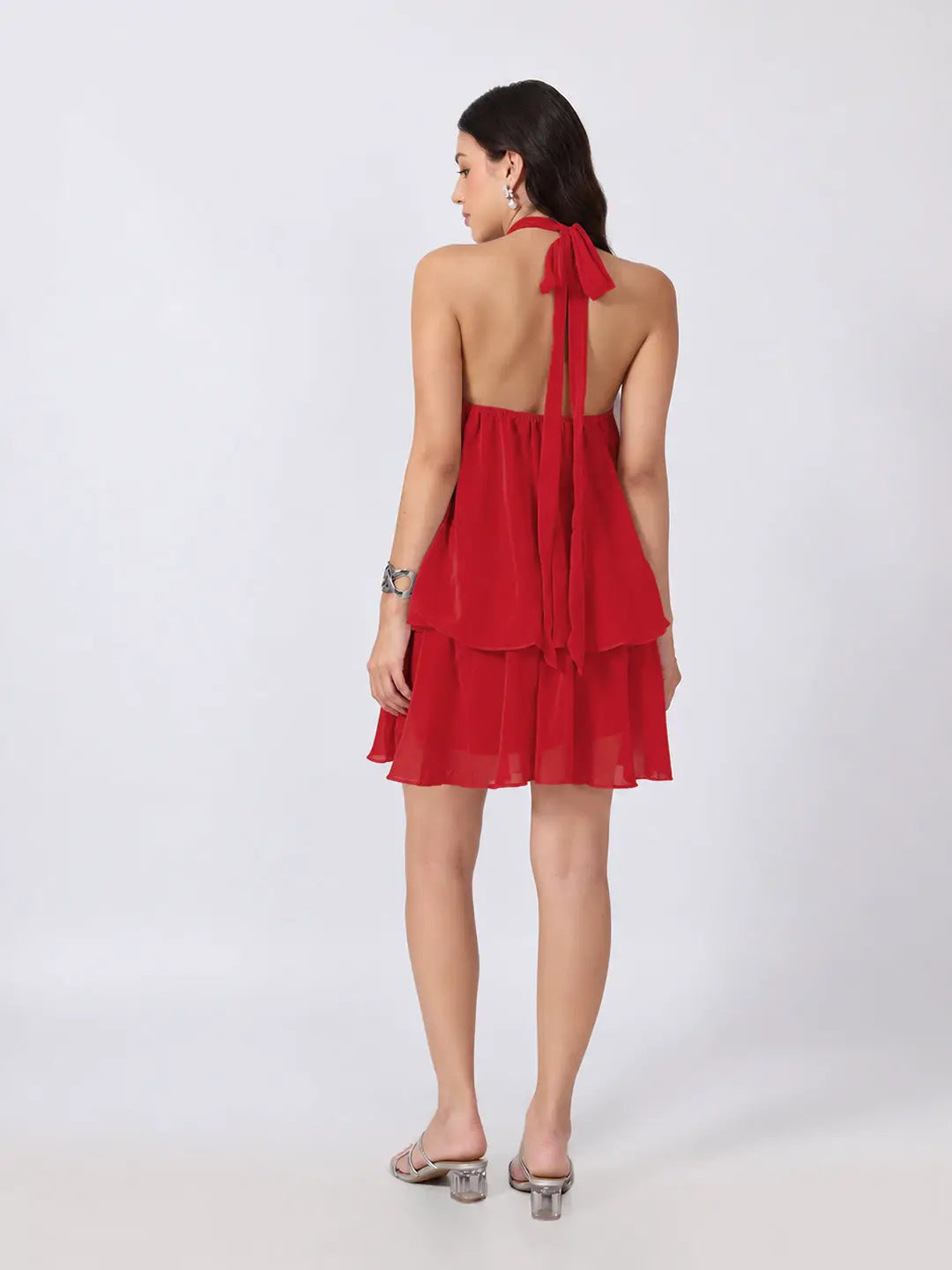 Women's Red Halter Neck Sleeveless Layered Flared Mini Dress