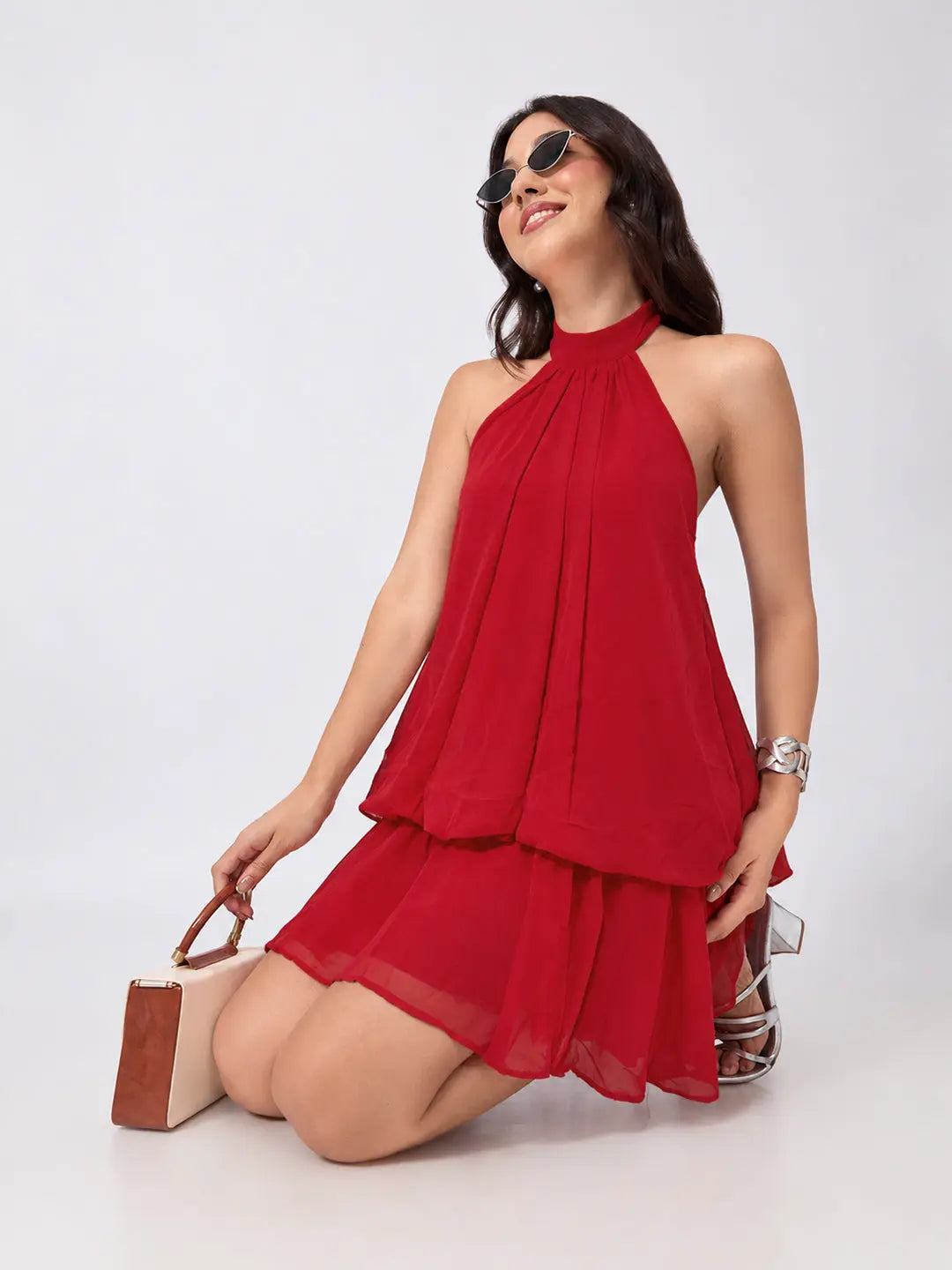Women's Red Halter Neck Sleeveless Layered Flared Mini Dress