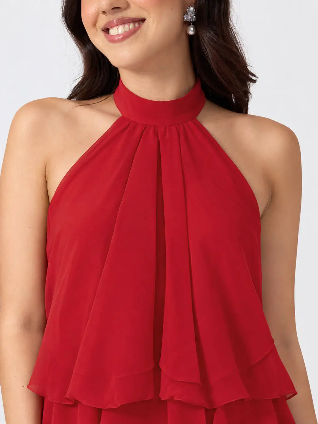 Women's Red Halter Neck Sleeveless Layered Flared Mini Dress