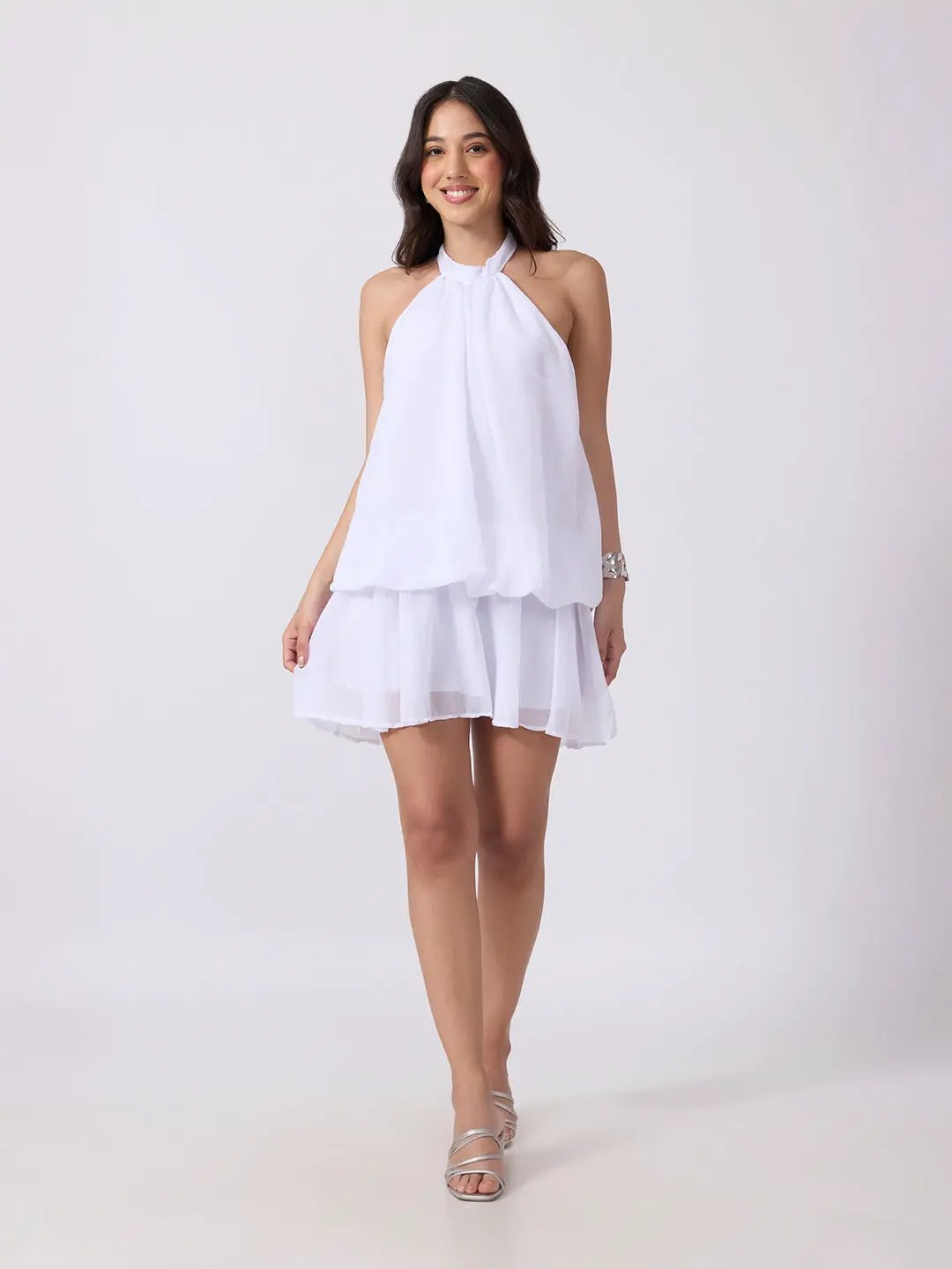 Women's White Halter Neck Sleeveless Layered Flared Mini Dress with Gathered Detailing