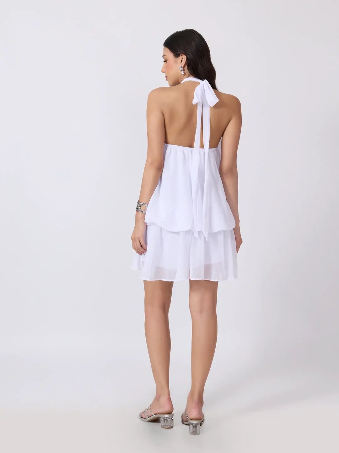 Women's White Halter Neck Sleeveless Layered Flared Mini Dress with Gathered Detailing