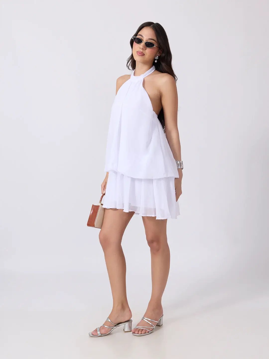 Women's White Halter Neck Sleeveless Layered Flared Mini Dress with Gathered Detailing