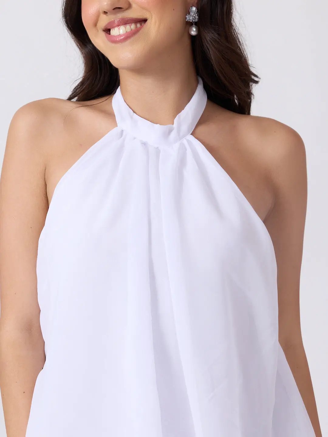 Women's White Halter Neck Sleeveless Layered Flared Mini Dress with Gathered Detailing